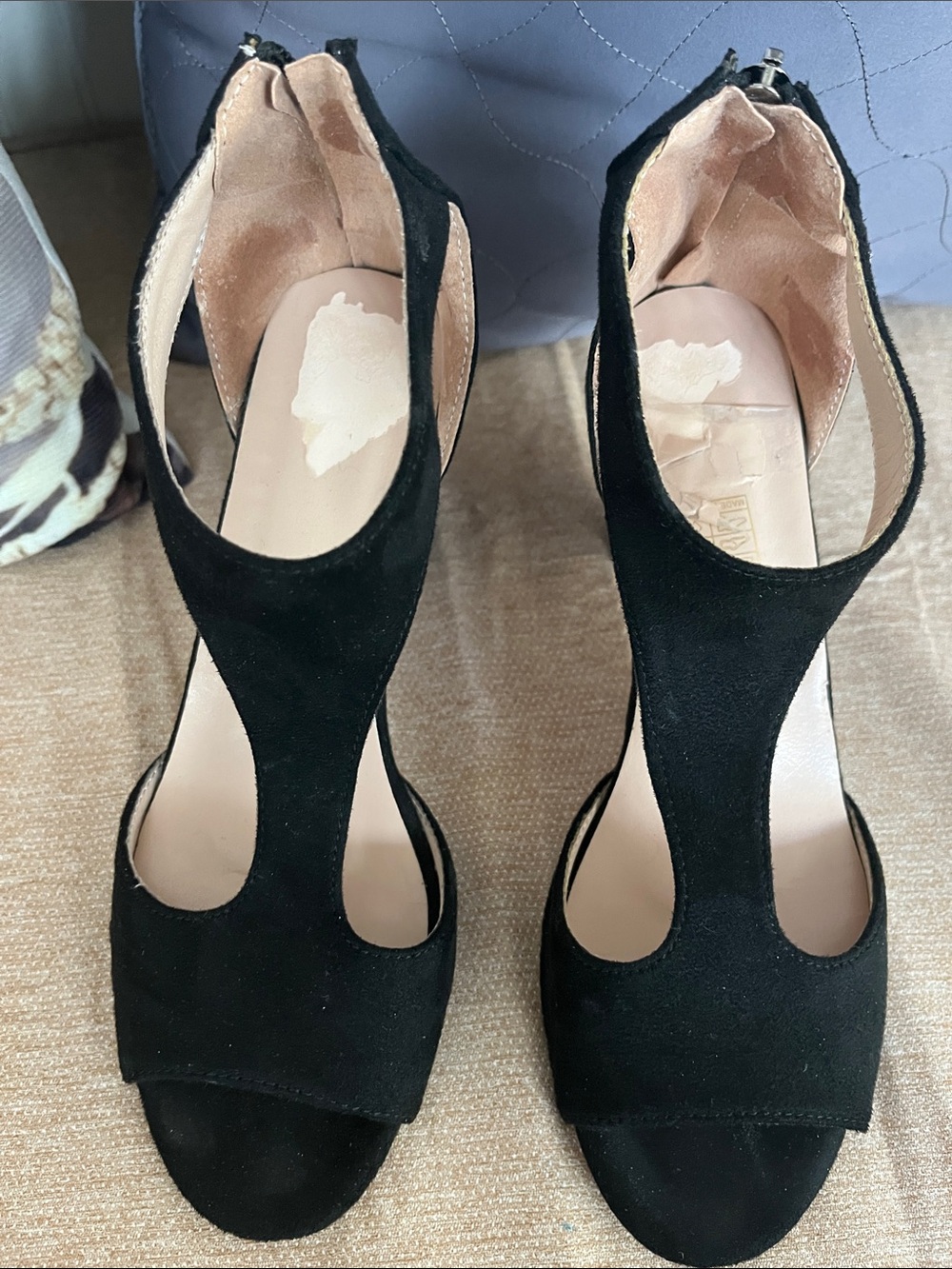 Women's Black Suede Open-Toe T-Strap Heels